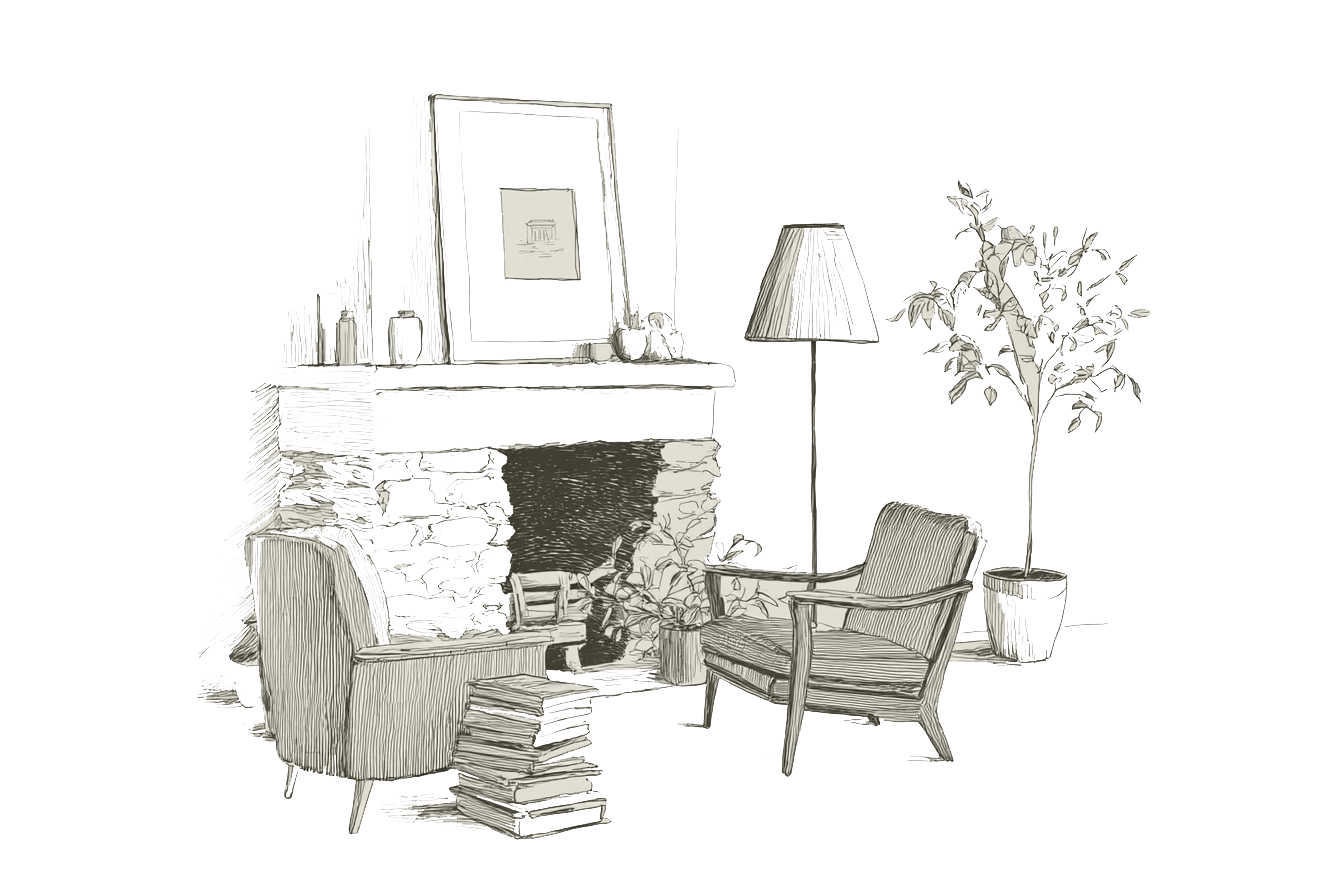 En svart-hvitt skisse av et koselig hjørne i en stue med en peis i stein, to lenestoler, en gulvlampe og en potteplante.